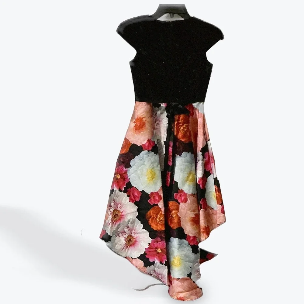 Rare Editions Girls Black Glitter Lace Floral Hi Low‎ Dress Size 10